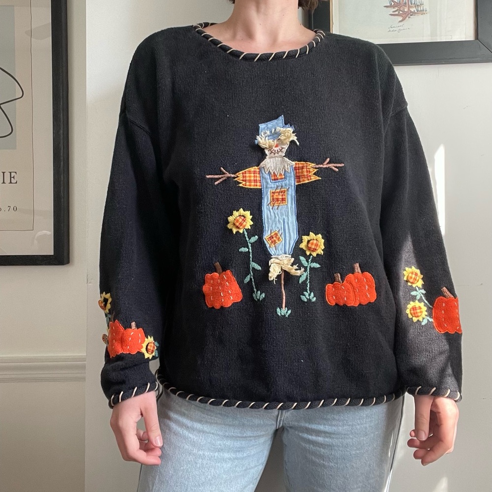 Vintage 80s/90s Fall Autumn Thanksgiving Scarecrow Thick Knit Sweater, Size L
